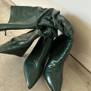 Green pleather knee high boots! Zip closure. Never been worn!